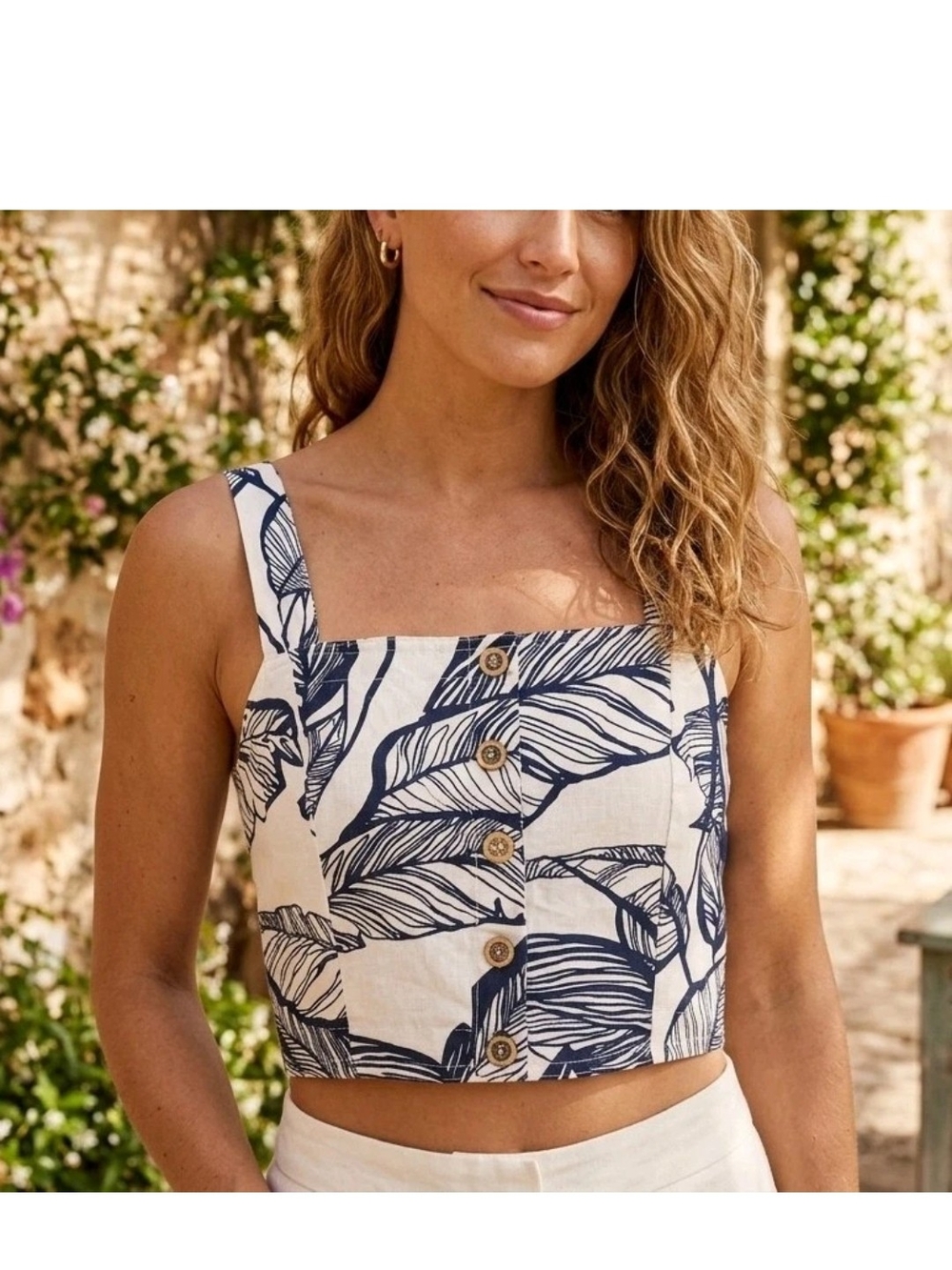 Tropical Botanical Print Summer Crop Top Blouse Size S Very J Navy Blue/White